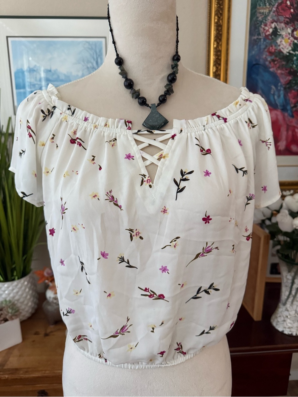 Women's White Floral Off-Shoulder Peasant Top with Lace-Up Detail